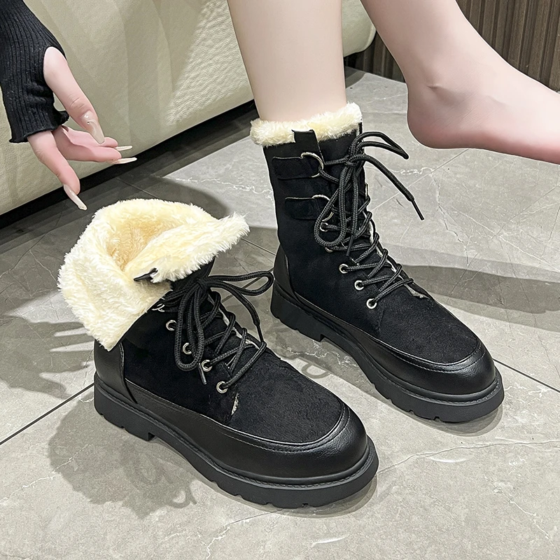 

Women's Designer Lace Up Round Toe Motorcycle Boots 2023 Winter Fashion Thick Sole Short Boots Platform Shoes Zapatos De Mujer