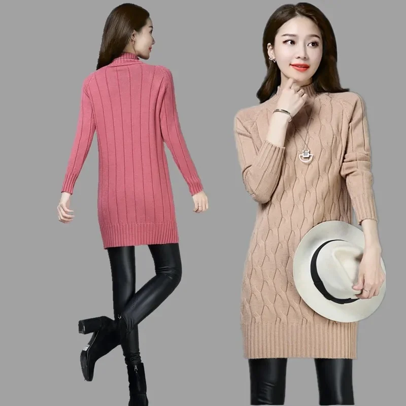 

Женский свитер с высоким воротником, новинка 2022, осенне-зимняя одежда, корейский однотонный вязаный свитер средней длины, пуловер, женские т...