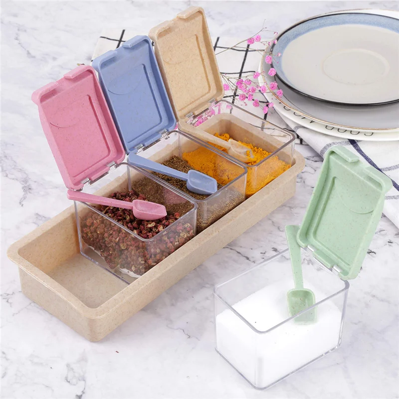 

Clear Seasoning Box and Container with Cover and Spoon Four Compartment Spice Shaker Jars and Pots Condiment Cruet Bottle