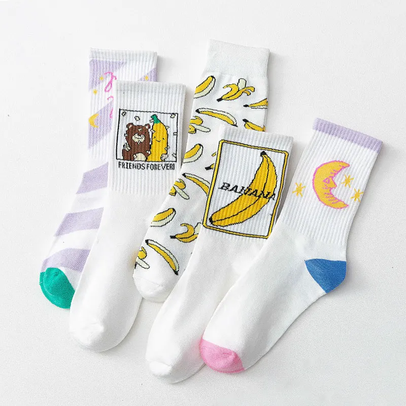 3 Pairs/Box Cute Banana Moon Stockings Cotton Harajuku White College Style Soft Cartoon Gifts Pack Funny Long Men Women Socks