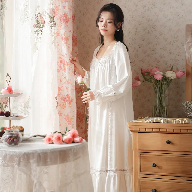 Victorian Night Dress Women Cotton Sleepwear Princess White Vintage Nightgowns Spring Autumn Long Sleeve Loose Peignoir Homewear