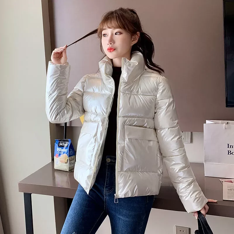 New2022 Collar Women's Winter Puffer  Jacket Long Sleeve Pockets Ladies Slim Parkas Solid Glossy Thick Padded Coat for Femal