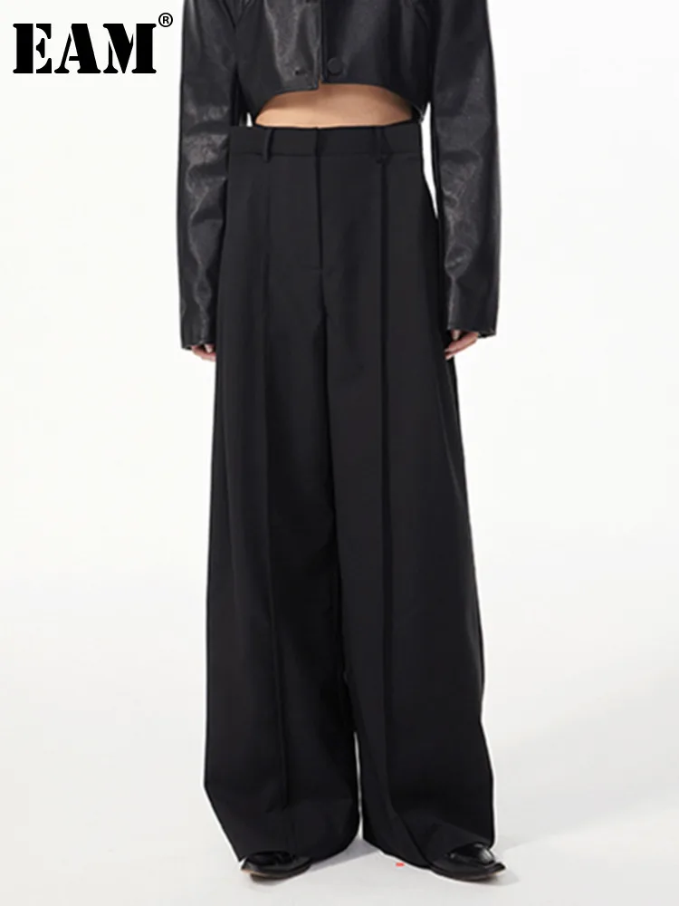 

[EAM] High Waist Black Pleated Long Wide Leg Casual Trousers New Loose Fit Pants Women Fashion Tide Spring Autumn 2022 1DE2558