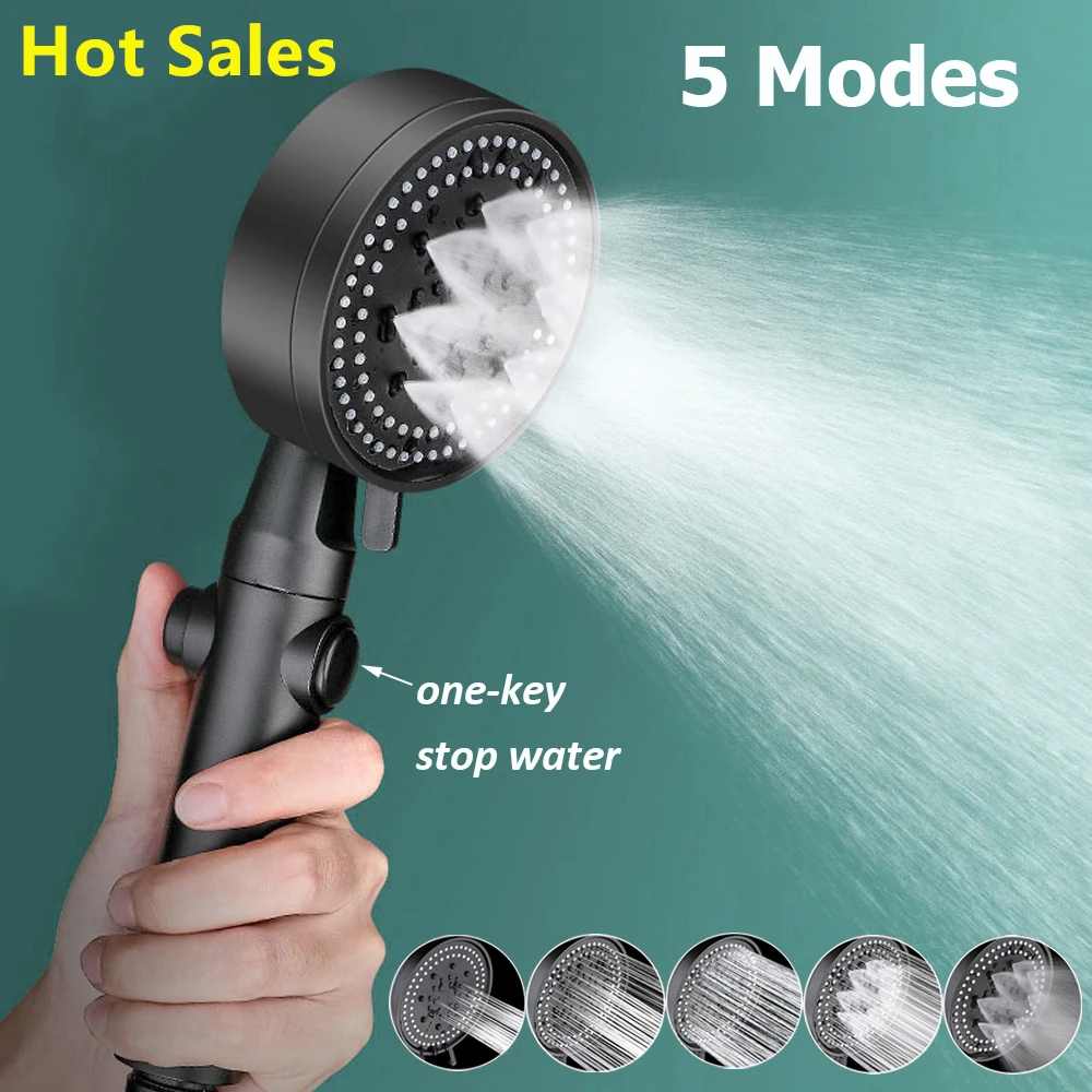 

5 Modes Adjustable Black Bath Shower Head High Pressure Water Saving Shower Stop Water Shower Head One-Key Stop Bathroom Tool