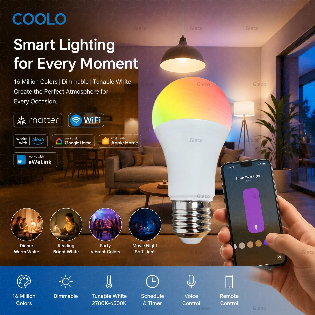 Фото Умная Wi-Fi лампа Ewelink Matter E27 LED RGB+WW+CW GU10 E14, 110В/220В, для Alexa и Google №1