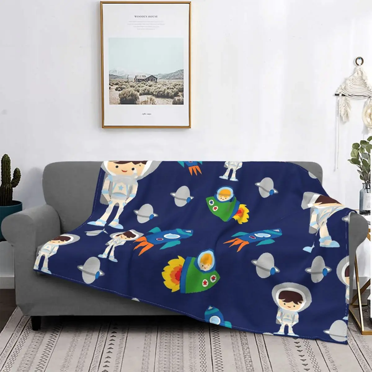 

Stupid Child Navy Blue Astronaut Wonderful Universe Blanket Plush All Season Breathable Thin Throw Blankets For Office Bedspread