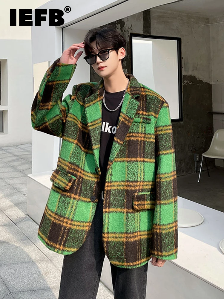 

IEFB Men's Vintage Plaied Green Woolen Jackets Autumn Winter Trendy New Single Breasted Thickned Suit Style Jacket Korean 9A0927