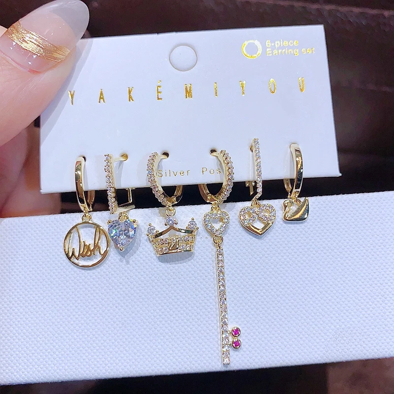 

Luxury Cubic Zircon Crown Heart Hanging Hoop Earrings Set for Women Gold Color Crystal Huggies Jewelry