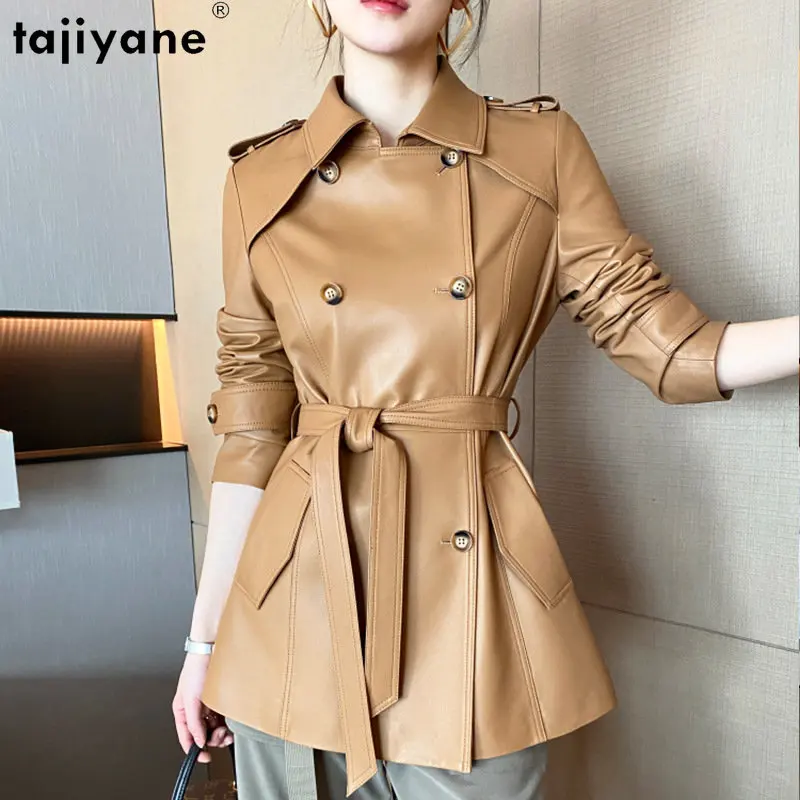 

Женская кожаная куртка Tajiyane из натуральной овечьей кожи, двубортные куртки из натуральной кожи, женское элегантное кожаное пальто средней длины