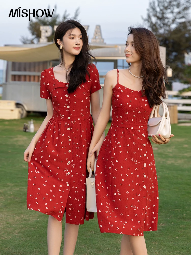 

MISHOW Dresses for Women 2022 Summer Korean Square Collar Red High Waist Mid-Calf Strap Dress Short Sleeve Vestido MXB27L1050