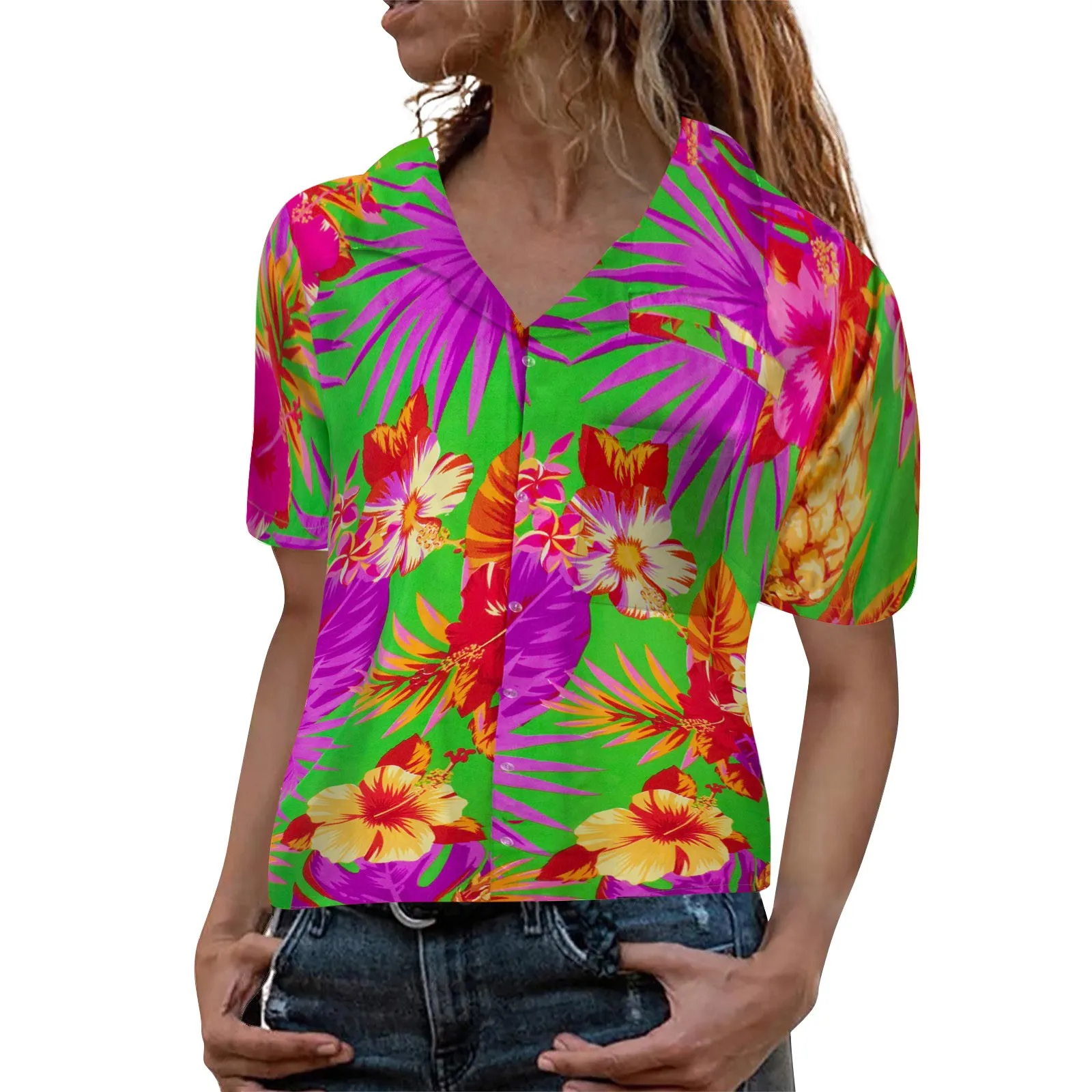 

Sleep Tees Women Flowers Leaves Blouse Pineapple Funky Shirt Frontpocket Women'S Hawaiian Print Women Elbow Sleeve Women Shirts