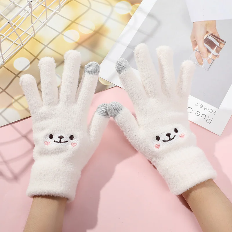 

Kawaii Gloves Female Cute Embroidery Smiley Bear Hello Touch Screen Autumn And Winter Warm Knitted Gloves women Christmas Gift