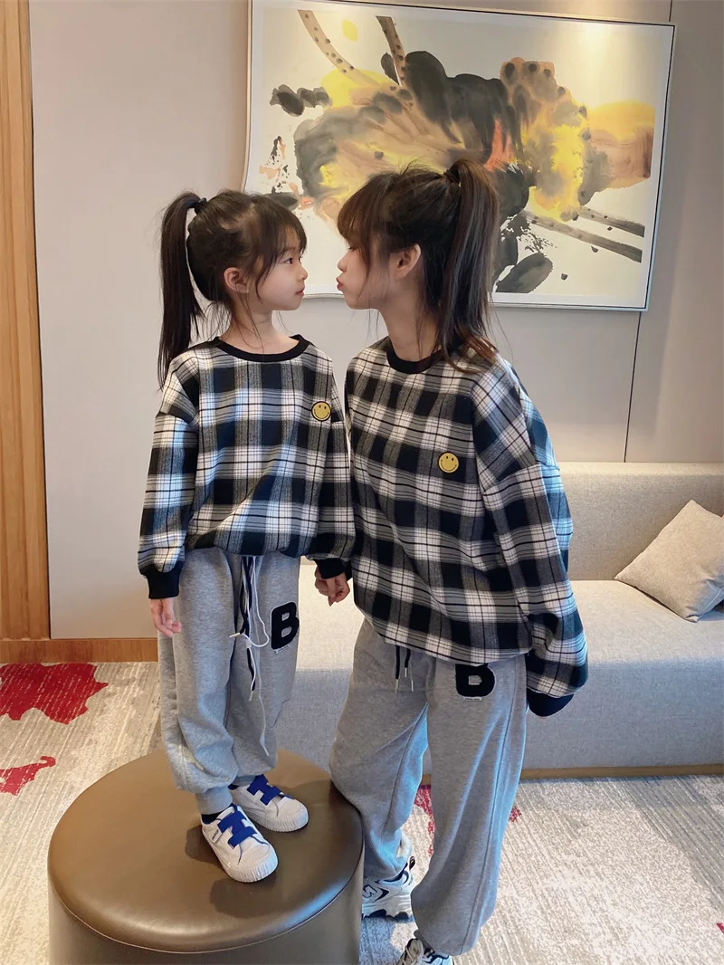 Summer Western Style Parent-child Wear Boys and Girls Children's Plaid Smiley Sweater Mommy and Me Clothes Cotton Hoodies