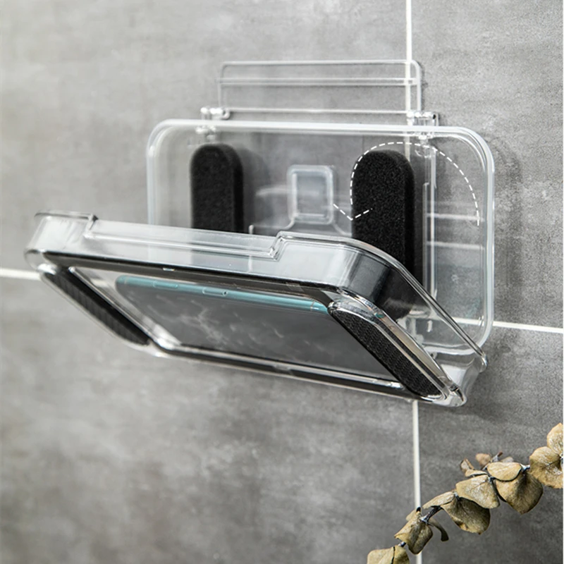 home wall stand waterproof mobile phone box self adhesive holder touch screen bathroom phone shell shower sealing storage box free global shipping