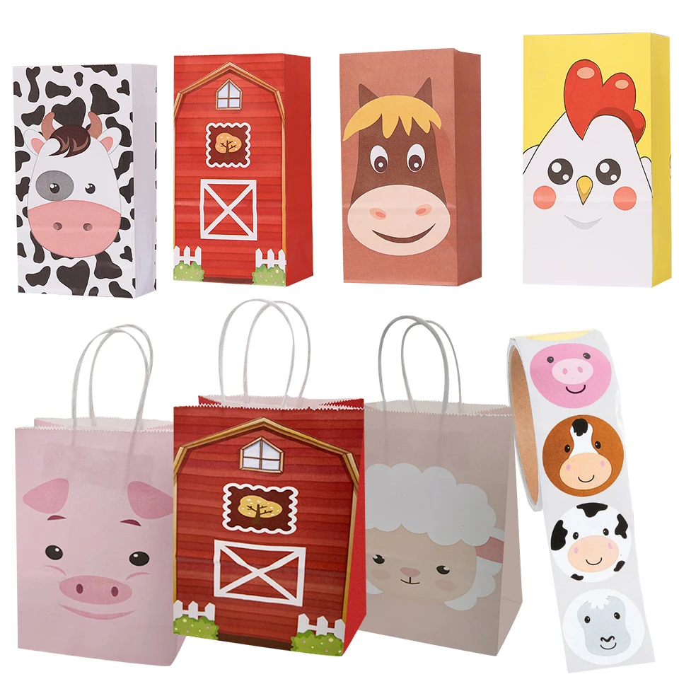 

6PCS Farmland Carton Animal Gift Bags Paper Candy Biscuit Bag for Kids Farm Themed Animal Birthday Party DIY Packaging Supplies