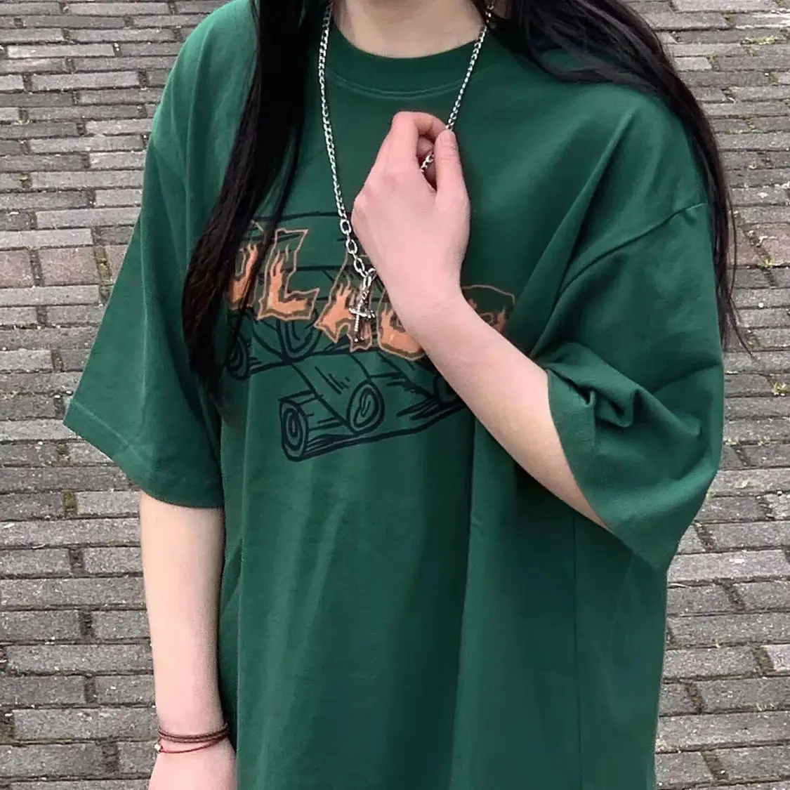 

DAYIFUN Cotton Summer 2022 Green T-shirts Female Short-sleeve O-neck Print Student Korean Loose Casual Harajuku Tops Streetwear
