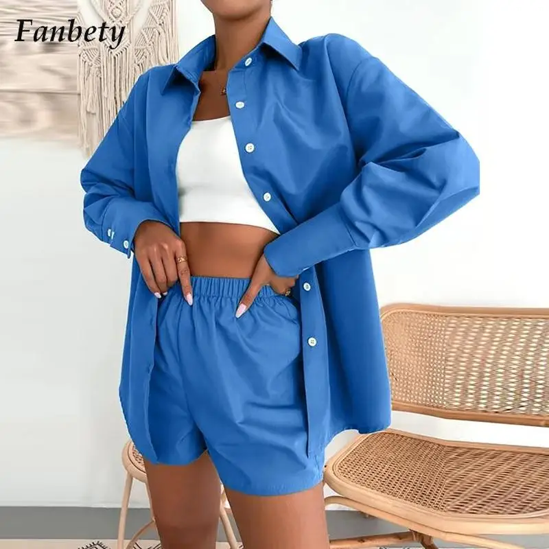 

Women Fashion Solid Long Sleeve 2pcs Sets Single Breasted Button Lapel Shirt+Elastic Waist Shorts Suit Ladies Cardigan Outfits