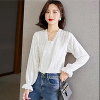 womens chiffon shirt white lace v neck long sleeve top puff sleeve solid color shirt camisas mujer