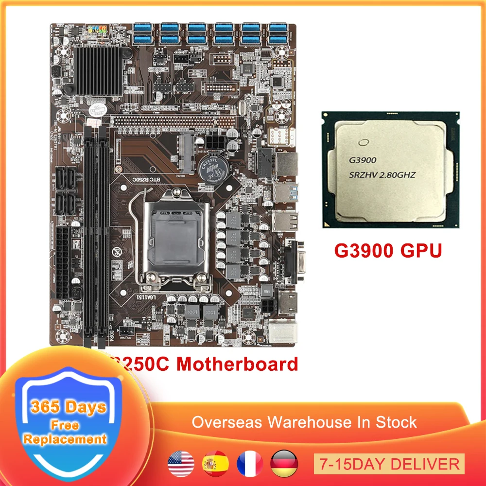 

Набор материнской платы B250C для майнинга BTC, MSATA LGA 1151 12 PCIE в разъем для графической карты USB3.0, G3900 ЦП 8 Гб DDR4 для ETH, Биткоин-Майнер