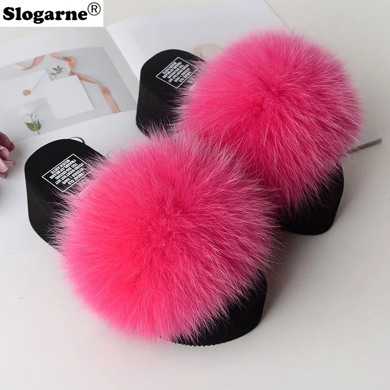 

Women Fox Fur Slippers Woman Fashion Sandals Girls Casual Fur Slides 5cm Thick Sole Summer Platform Shoes Modern Slippers Wedges
