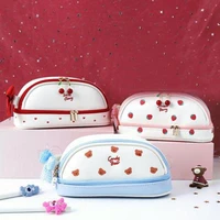 korean bowknot double layer pencil case cartoon printed pu leather pen pouches stationery storage bag cosmetic holder
