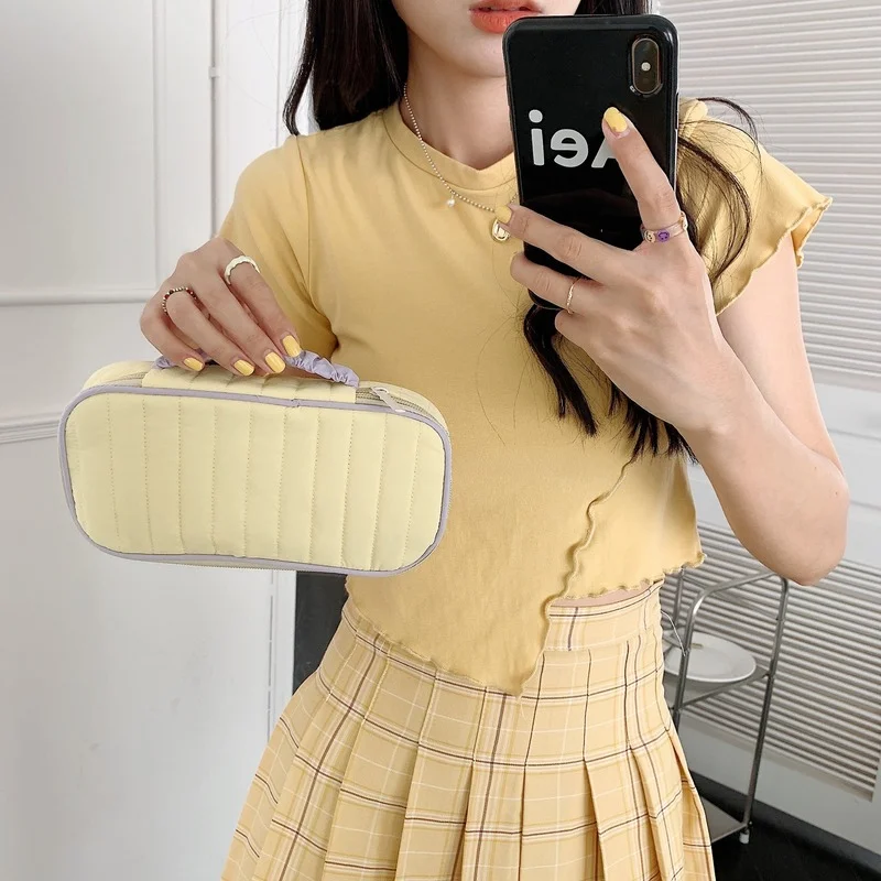 

Pure Color Quilted Makeup Bag Korean Zipper Beauty Case Large Travel Toiletry Bag Women Portable Cosmetic Bags Make Up Storage