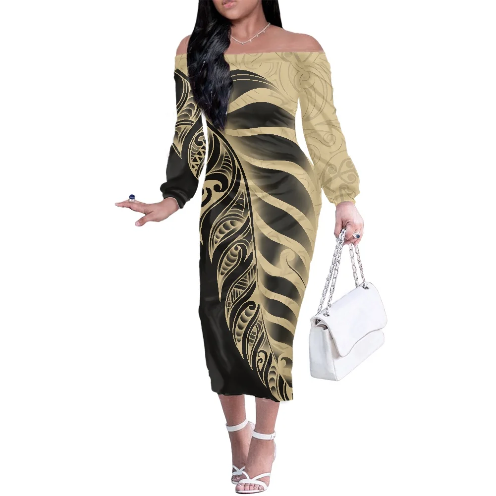 

Polynesian Tribal Clothing Tonga Tattoo Print Women Robe Casual Prom Maxi Dress Long Sleeve Open Off Shoulder Maize-Yellow Black