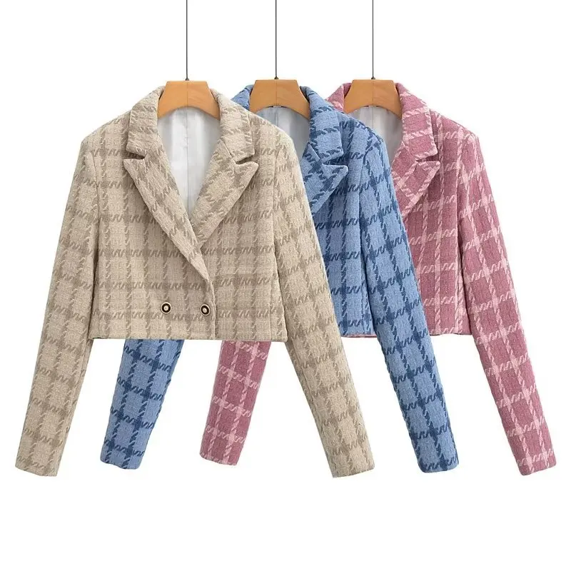 Autumn Winter Women Vintage Plaid Jacket Double Breasted Long Sleeve Short Suit Coat  Turndown Collar Tweed Woolen Outerwear