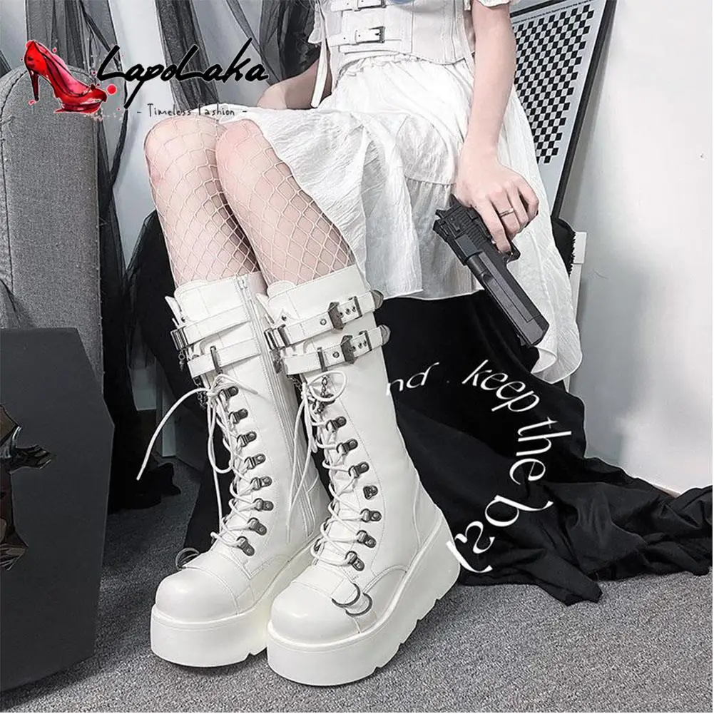 LapoLaka 2022 Punk Style Buckle Mid Calf Boots Bow-knot Cross-tied Chain Design Sweet And Cool Autumn Winter Women Boots