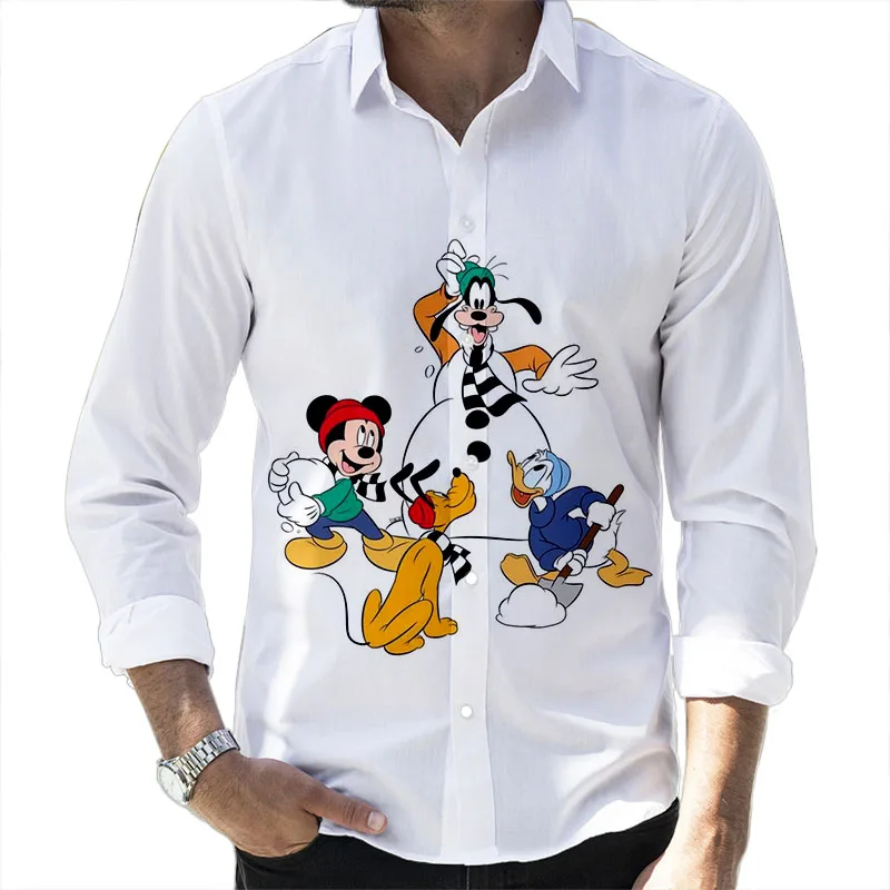 2024 Fall New Disney Donald Duck Mickey and Goofy Brand Cartoon Casual 3D Printed Long Sleeve Lapel Shirt Slim Fit Men's Top