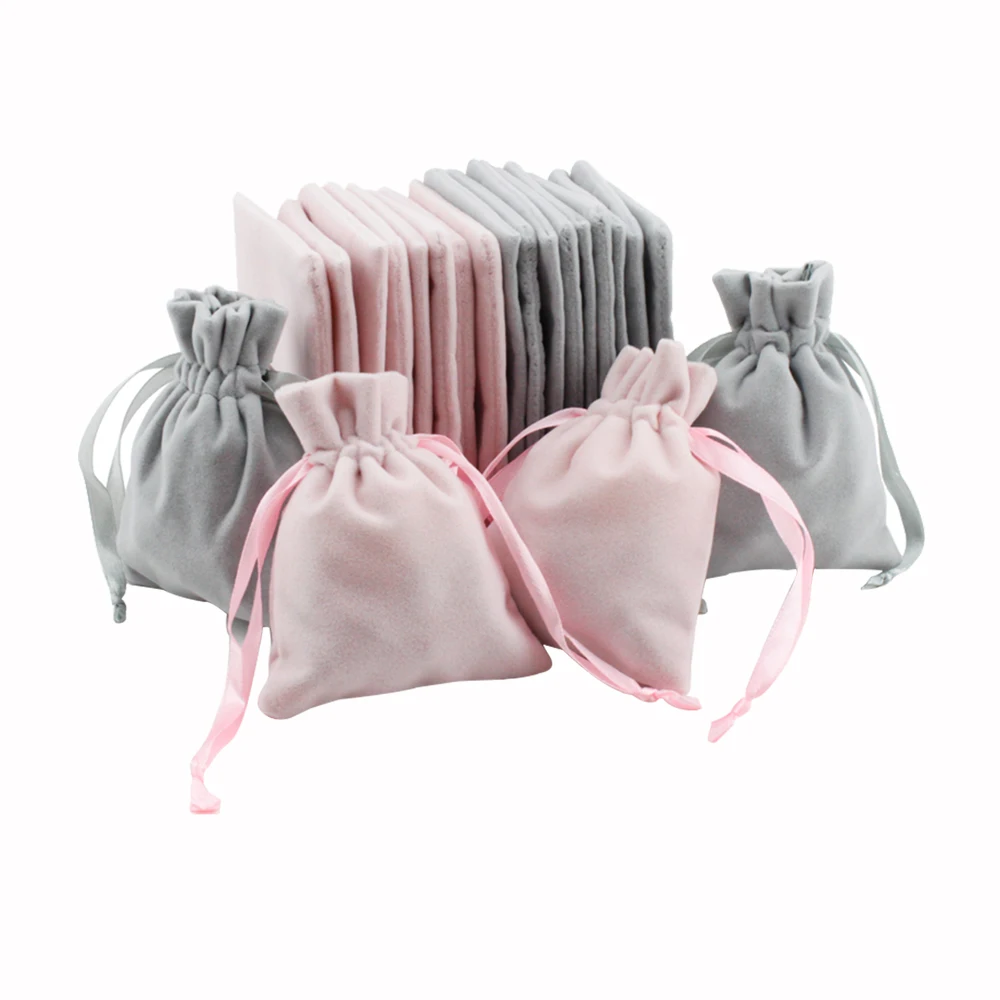 

50pcs Jewelry velvet Ribbon Drawstring Bag 8x10cm Personalized Packaging Chic Grey Pink Velvet Pouch for Wedding Favor Gift Bags