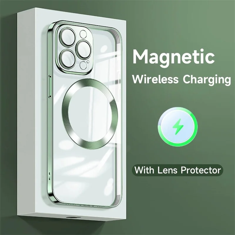 

Luxury Magnetic Wireless Charging Transparent Silicone Case For iPhone 13 12 11 14 Pro Max With Lens Protector Film Soft Cover
