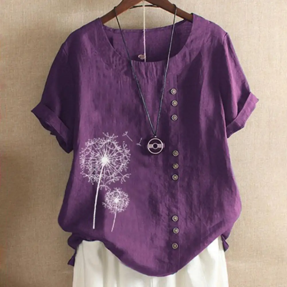 

Women Shirts Dandelion Print Button Decor Round Neck Women Top Loose Gothic Cotton Linen Baggy Blouse Woman Clothing