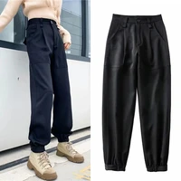 women simple jogger pants solid color all match tailored trousers fashion high waist commute blazer suit pants with multi pocket