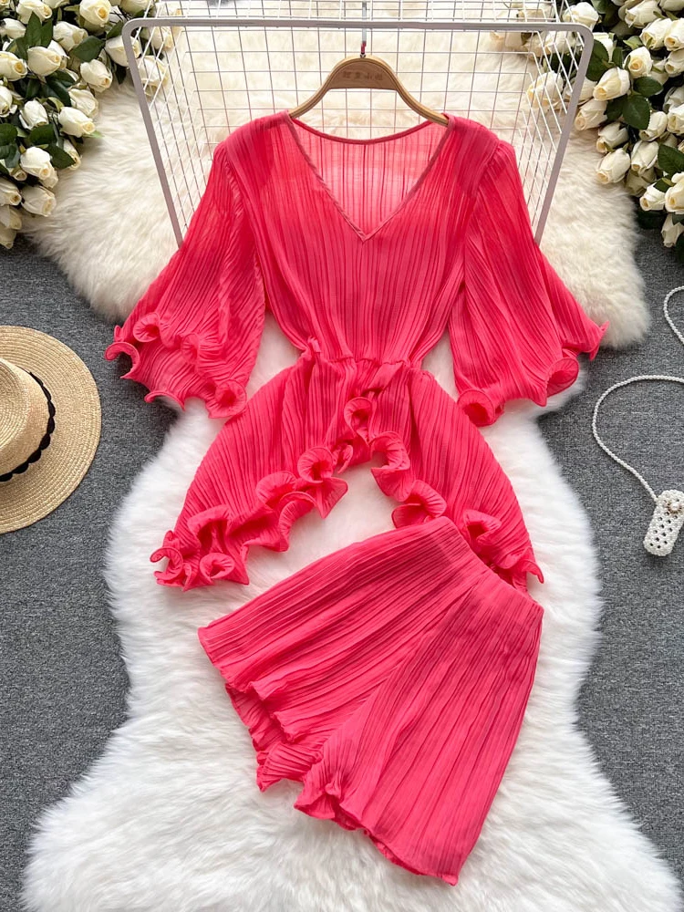

Hikigawa Chic Fashion 2 Pcs Women Sets Solid Ruffled V Neck Short Sleeve Irregular Chiffon Top+High Waist Versatile Shorts 2 Set