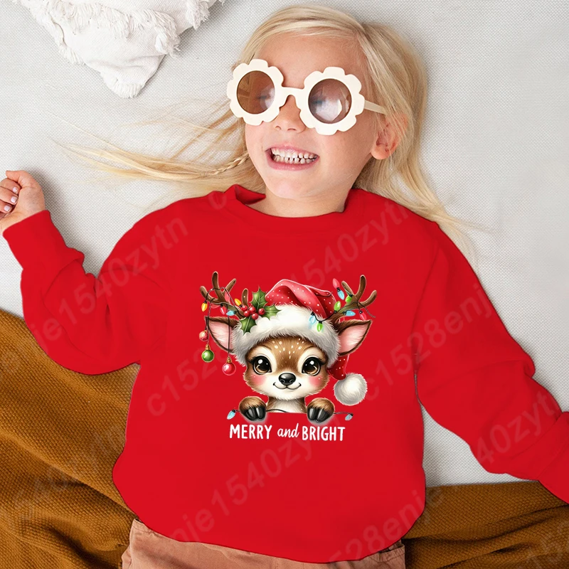 Christmas Light Reindeer Merry And Bright Print Pullovers Round Neck Kids Boys Girls Hoodless Sweatshirt Long-sleeved