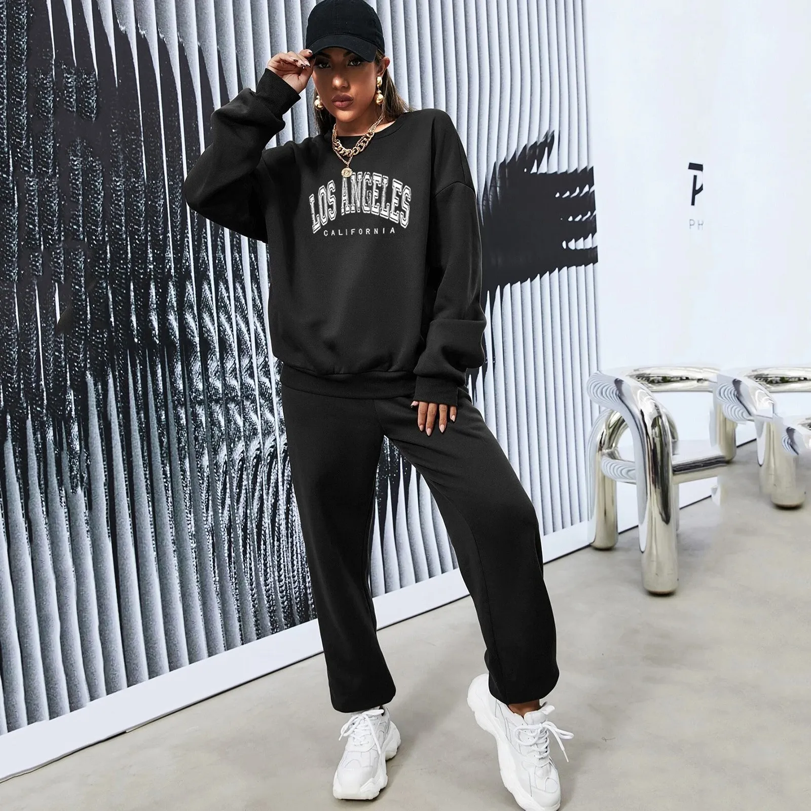 

Women FashionO Neck Long Sleeve Two piece Set Letter Print Thicken Sweatshirt Sweatpants Set Tops Pullover Pant Set