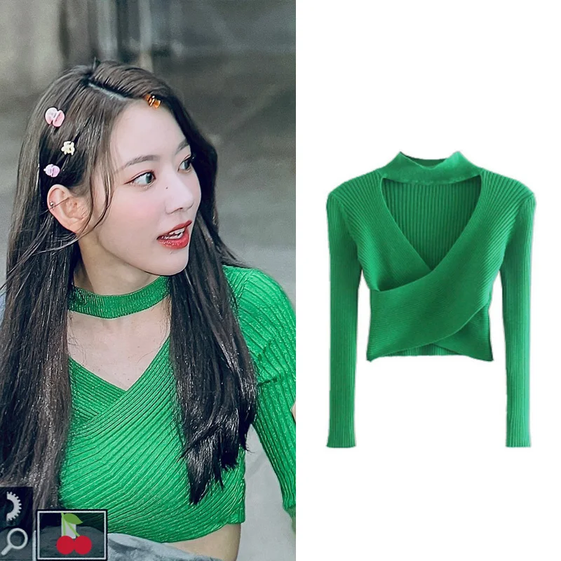 

Kpop Korean Singer Women Jazz Dancewear Green Pullovers Crop Tops Stage Streetwear Sexy Ladies Slim Hollow Out Halter Sweaters