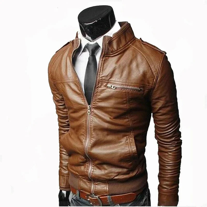 

Men Faux Leater Jacket Zippers 2022 Men's Stand Collar Coat Sprin Autumn Casual Slim PU Jacket Male Moto Biker Coats Outerwear