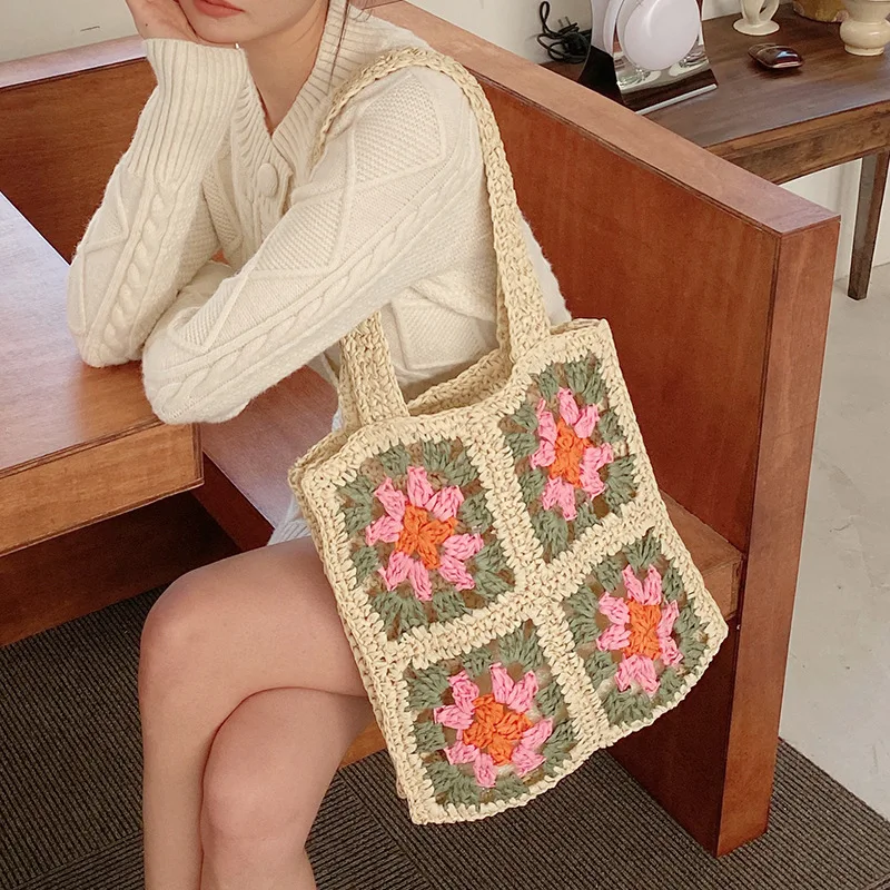 

Повседневные женские сумки на плечо с цветочным узором, плетеные дамские сумочки из ажурной бумаги, летняя пляжная соломенная сумка ручной ...