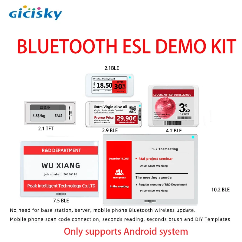 Gicisky BLE Electronic Shelf Label Demo Kit Thr-Color E ink Andriod App Control and Server Integration System Price Tag Demo Kit