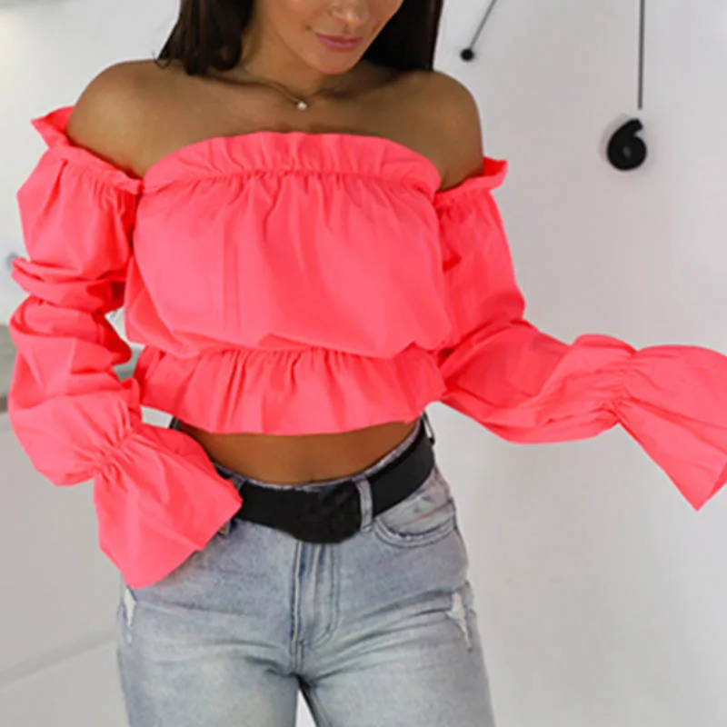 

Summer Polka Dot Printed Lantern Sleeve Shirt 2023 Candy Color Off Shoulder Cropped Top Ladies Sexy Slanted Neck Beach Shirt