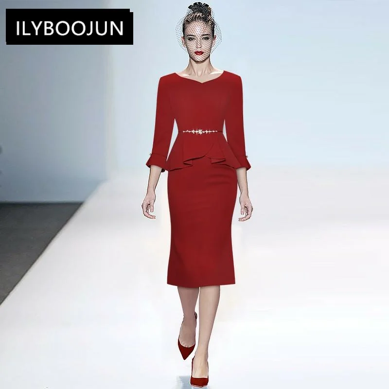 

Fashion Designer Summer Sheath Red Dress Women's V-Neck Three Quarter Sleeve Beading High Waist Midi Dress