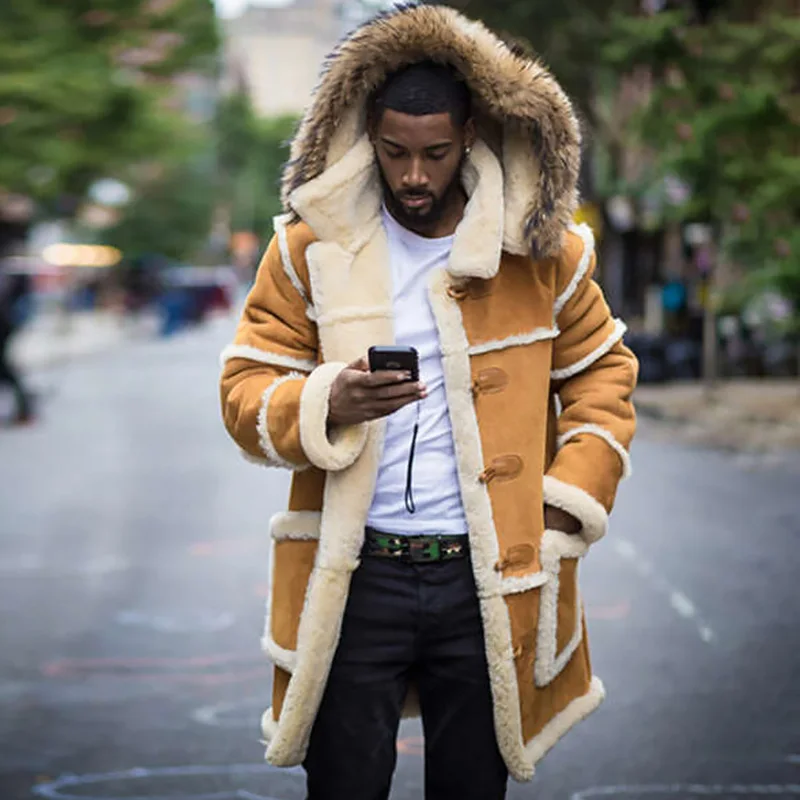 

Зимняя теплая утепленная мужская куртка из искусственного меха флисовая прошивка Повседневная приталенная куртка с отложным воротником и карманами с капюшоном Высококачественная верхняя одежда