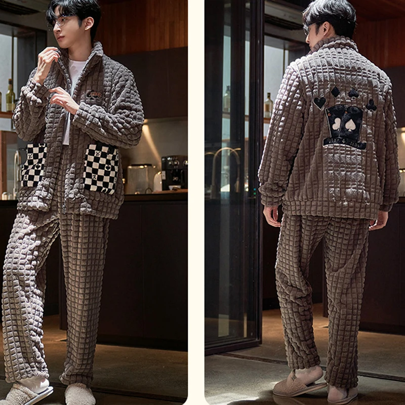 QUHENG New Flannel Men's Autumn Winter Long Sleeve Pajama Sets Thick Warm Men Sleepwear Coral Fleece Sleep Lounge Pajamas