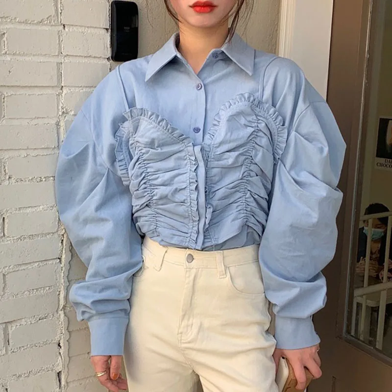 

ZCSMLL Korean Chic Niche Lapel Single-breasted Stitching Fake Two Small Suspenders Loose Pleated Puff Sleeve Shirt