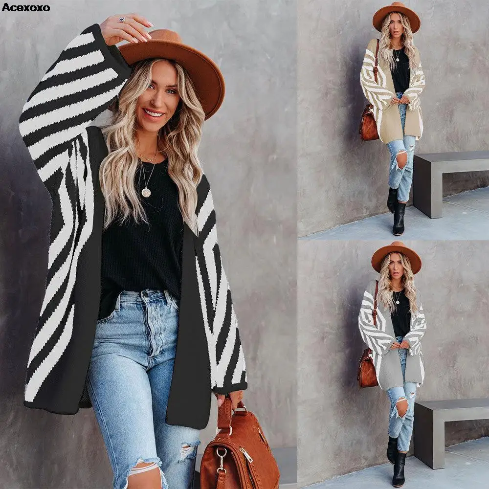 

Autumn and winter new dress European and American color sweater V-neck diamond stripe knitted cardigan