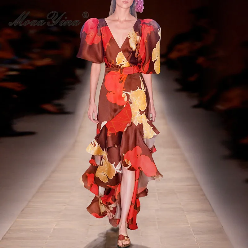 Женское асимметричное платье MoaaYina весеннее дизайнерское винтажное с v-образным