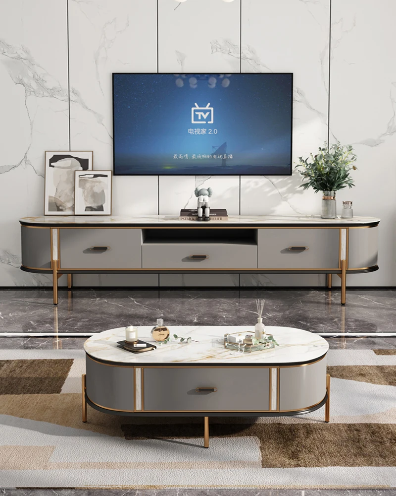 

1Simple Living Room Modern TV Cabinet Tea Table Combination Light Luxury Rock Board Floor Cabinet Italian Light Luxury