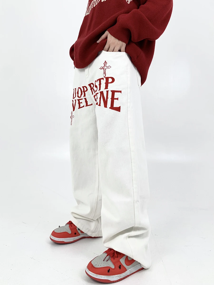 Four Seasons Men's Jeans Trend Letter Embroidery Straight High Street Loose Wide Leg Trousers Fashion Streetwear Ins Hot Sale